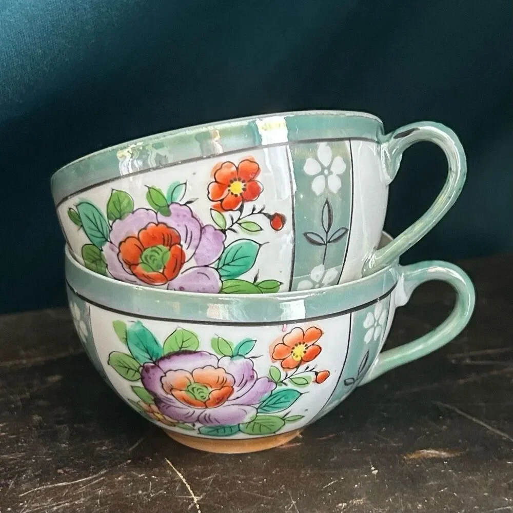 2 Vintage Hand Painted Lusterware Floral Tea Cups